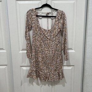 Free People Boheme Ivory Combo Floral Flounce Mini Dress Size 2 Long Sleeve Boho